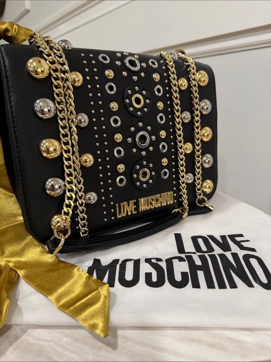 Love Moschino Handbags - Love Moschino Bag Black Studded Chain Crossbody Shoulder Bag with Gold Accents